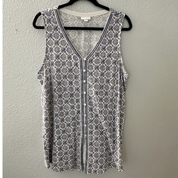 J. Jill Women's Blue White Geometric Print V-Neckline Sleeveless Blouse Large - Picture 2 of 9